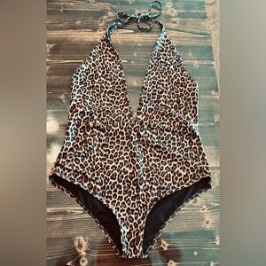 Frederick's of Hollywood Plunging Halter Leopard Print One Piece Swimsuit 2X
